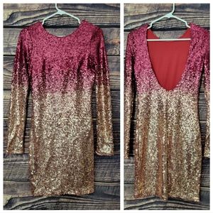 Medium Burgundy & Gold Sequin Ombre Dress (Long Sleeve) -  Great for homecoming!